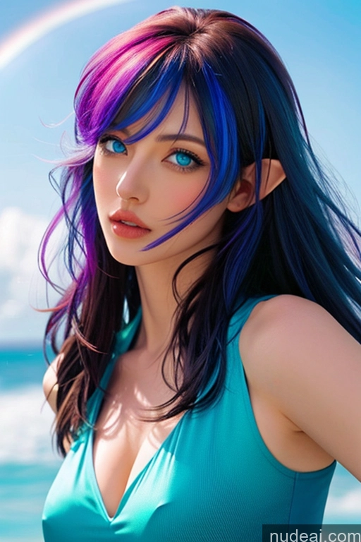 ai nude image of arafed woman with blue hair and purple hair standing on the beach pics of Looking At Sky Bangs Wavy Hair Superhero Rainbow Haired Girl Deep Blue Eyes