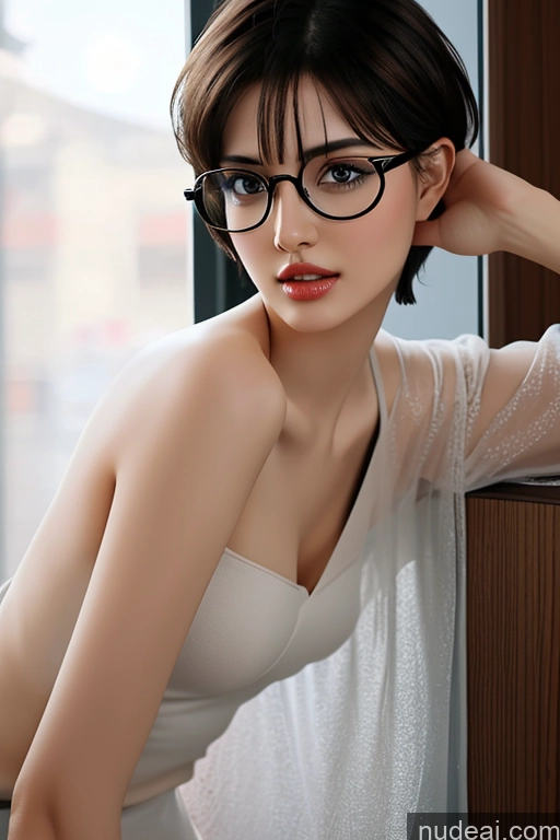 ai nude image of there is a woman with glasses sitting on a window sill pics of Woman Sorority Two Glasses Small Tits Small Ass Skinny Short Hair 18 Orgasm Seductive Brunette Indian Kitchen Cumshot Blowjob Nude Pearl Jewelry Bright Lighting Detailed