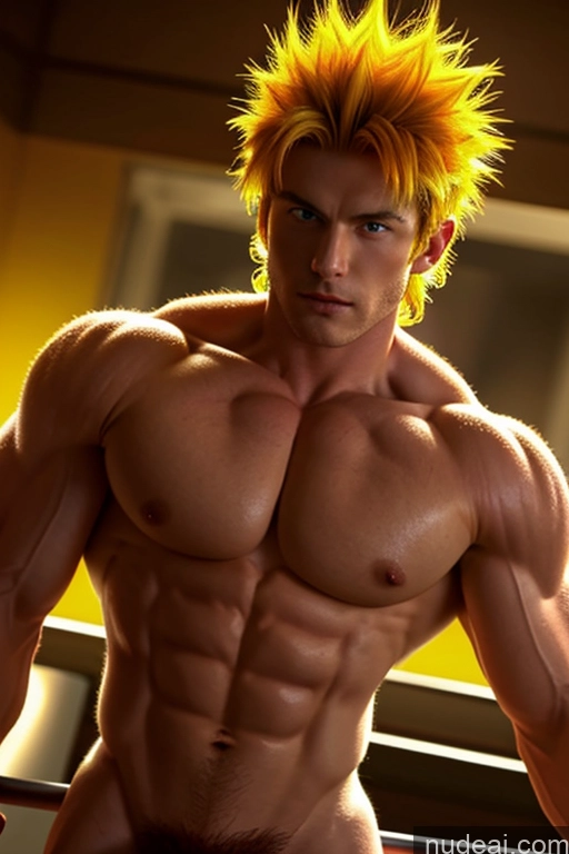 ai nude image of arafed male with a yellow mohawk and a big shirt pics of Super Saiyan 4 Super Saiyan Bodybuilder