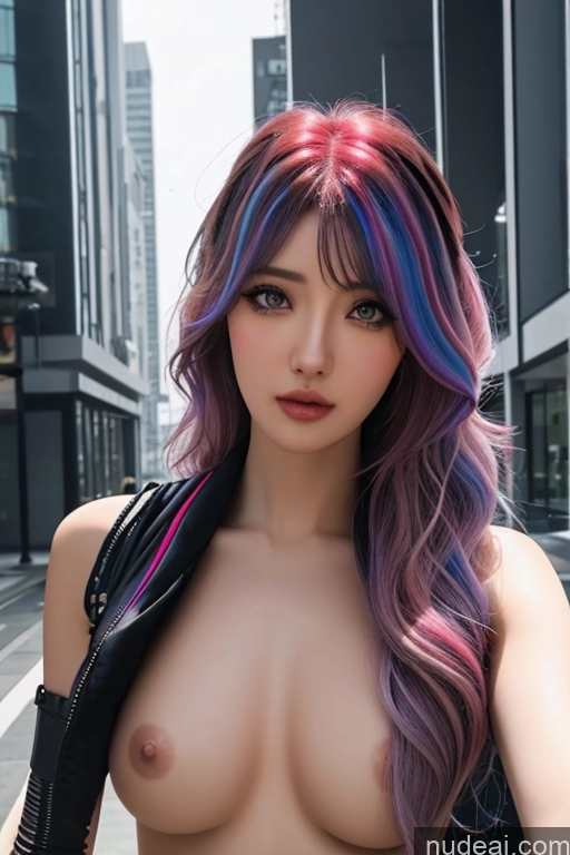 Looking At Sky Bangs Wavy Hair Rainbow Haired Girl Cyborg Style Cyborg Android