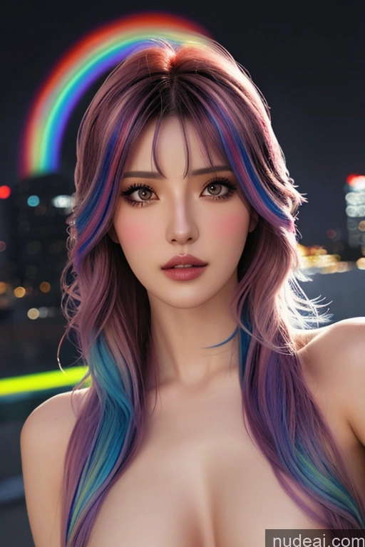 Looking At Sky Bangs Wavy Hair Rainbow Haired Girl Cyborg Style Cyborg Android