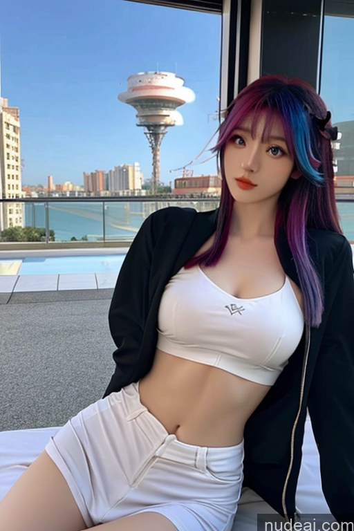 ai nude image of araffe with colorful hair sitting on a bed in a room pics of Looking At Sky Hu Tao: Genshin Impact Cosplayers Mech Suit Rainbow Haired Girl