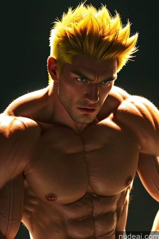 ai nude image of arafed male with yellow hair and no shirt posing for a picture pics of Bodybuilder Super Saiyan Super Saiyan 4 Firefighter