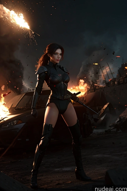 ai nude image of arafed woman in a leather outfit holding a sword in front of a burning vehicle pics of Battlefield Superhero