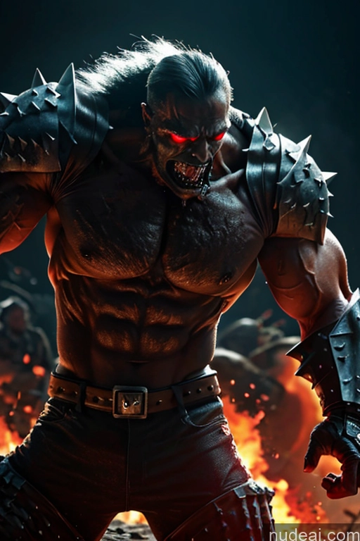 ai nude image of a close up of a man with a demonic face and a sword pics of Battlefield Bodybuilder Glowing, Skull, Armor, Spikes, Teeth, Monster, Dirty, Tentacles, Pus, Pimples, Crack, Truenurgle