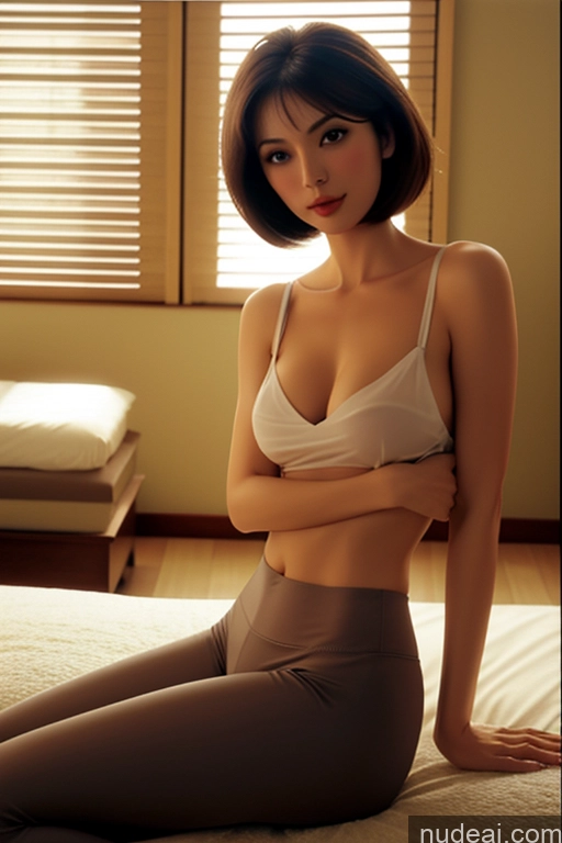 ai nude image of araffed asian woman in a white bra top and brown pants pics of Small Tits 50s Orgasm Brunette Bobcut Arabic Film Photo Bedroom Front View Massage Blouse Bra Yoga Pants Topless Transparent