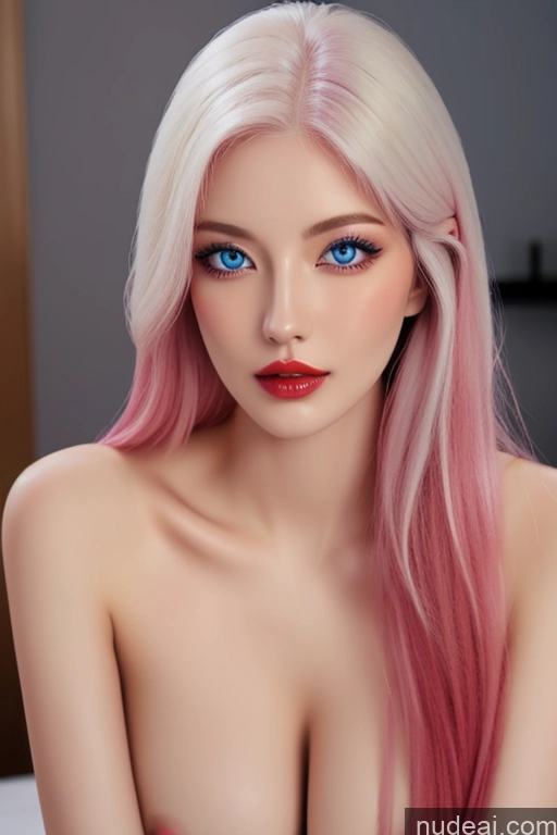 ai nude image of a close up of a woman with pink hair and blue eyes pics of Woman One Lipstick Skinny 20s Pink Hair Topless Blowjob Cumshot White Hair Russian Scandinavian Japanese