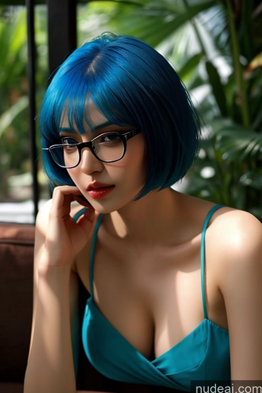 ai nude image of araffe with blue hair and glasses sitting on a couch pics of 30s Serious Sexy Face Blue Hair Bobcut Indian Film Photo Jungle Front View Sleeping Sari Jewelry