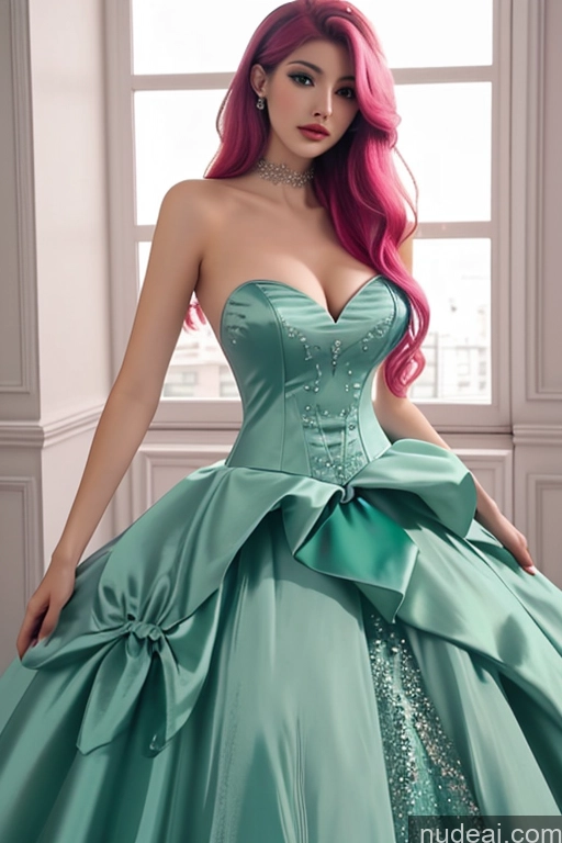 ai nude image of a close up of a woman in a green dress posing for a picture pics of BarbieCore Haute Couture | Ball Gown Rainbow Haired Girl Green Hair