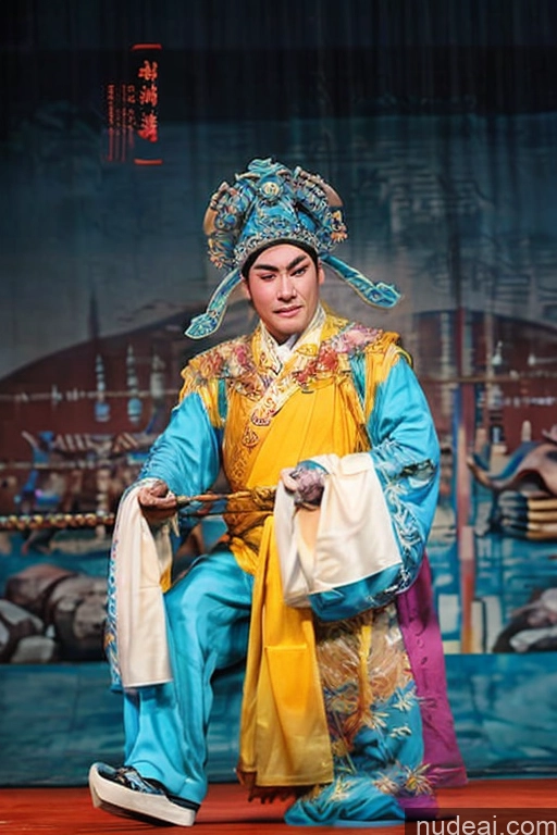 ai nude image of arafed man in a blue and yellow costume sitting on a red floor pics of Bodybuilder Chinese Opera Costumes