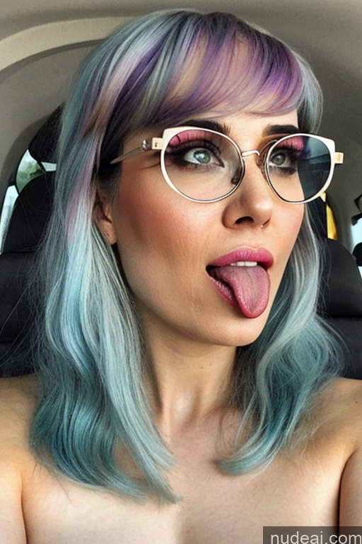 ai nude image of araffe with a blue and purple hair and glasses sticking out her tongue pics of 20s Big Ass Huge Boobs Glasses Ahegao White Hair Bangs Asian Bus Nude