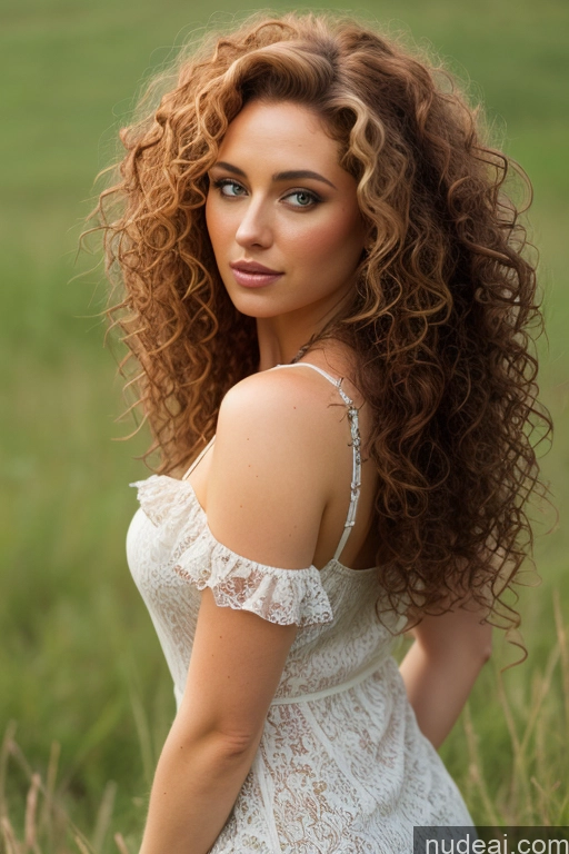 ai nude image of arafed woman with curly hair and blue eyes posing in a field pics of Ginger Chemise Medieval Curly Hair Thick Meadow 3d