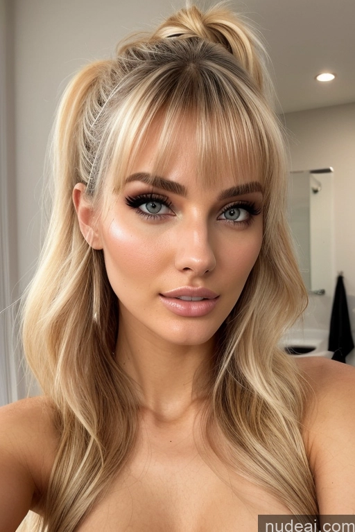 ai nude image of a close up of a woman with long blonde hair and a messy bun pics of Blonde 3d Skin Detail (beta) Nude Several Skinny Small Tits Tall Bathroom Mirror Selfie 18 Messy Bangs Ponytail