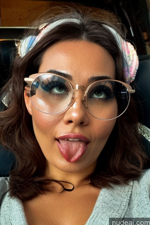 ai nude image of arafed woman with glasses sticking out her tongue and wearing a headband pics of Pubic Hair Glasses Huge Boobs Big Hips 40s 30s Sexy Face Ahegao Bobcut Asian Front View