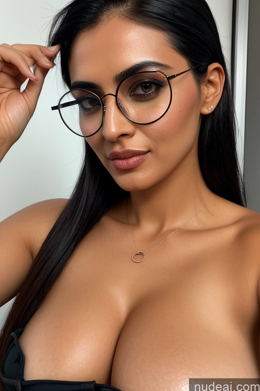 ai nude image of there is a woman with glasses and a bra top posing for a picture pics of Huge Boobs Glasses Fairer Skin Skinny 20s Black Hair Messy Indian Nude Sari One Busty Close-up View