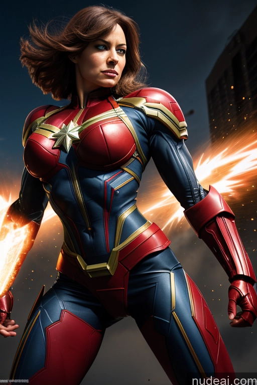 ai nude image of a close up of a woman in a suit with a fire pics of Superhero Cosplay Captain Marvel Power Rangers Woman Bodybuilder Busty Abs Front View SuperMecha: A-Mecha Musume A素体机娘 Science Fiction Style Battlefield