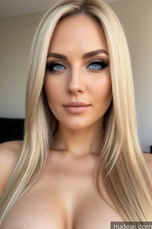 ai nude image of a close up of a woman with long blonde hair and blue eyes pics of Blonde Straight White Soft + Warm Front View Nude