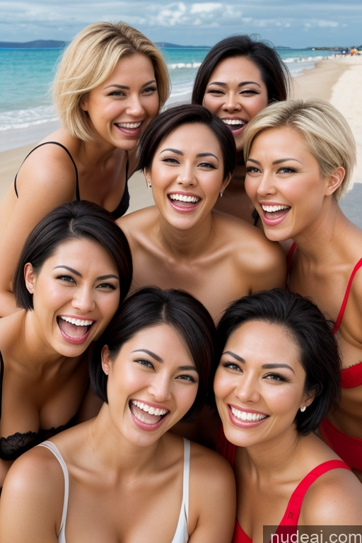 ai nude image of there are many women in bikinis posing for a picture on the beach pics of Lingerie Model Small Tits Small Ass Short Hair Fairer Skin 30s Happy Blonde Black Hair Straight Flight Attendant Nude Beach Dark Skin Portuguese Polynesian Turkish Vietnamese Malaysian Indonesian Egyptian Two Laughing