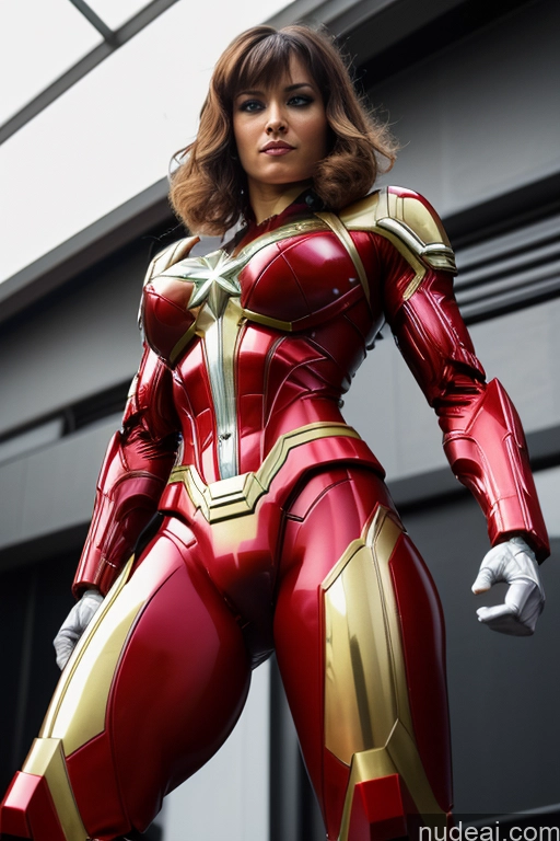 ai nude image of araffed woman in a red and gold costume posing for a picture pics of Superhero Captain Marvel SuperMecha: A-Mecha Musume A素体机娘 Woman Busty Abs Front View Bodybuilder Blonde