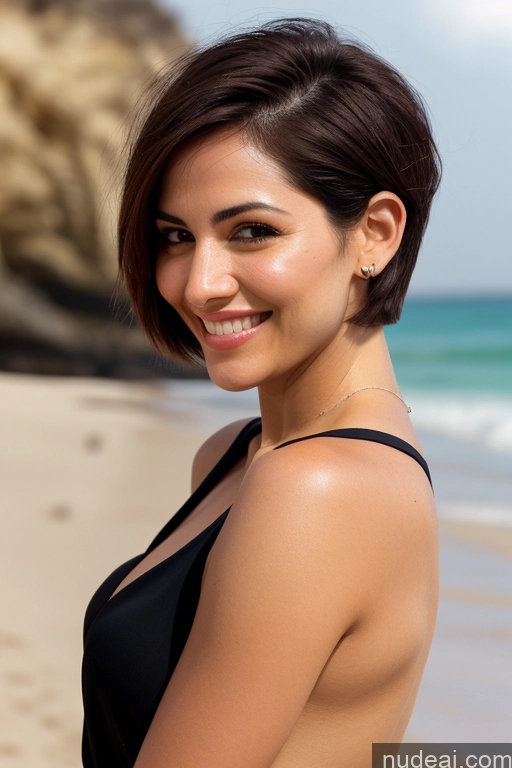 ai nude image of smiling woman in black dress on beach with ocean in background pics of Model One Small Tits Small Ass Pubic Hair Short Hair Fairer Skin Dark Skin 30s 40s Happy Brunette Black Hair Straight Bobcut Ponytail Indian Middle Eastern Arabic Beach Nude