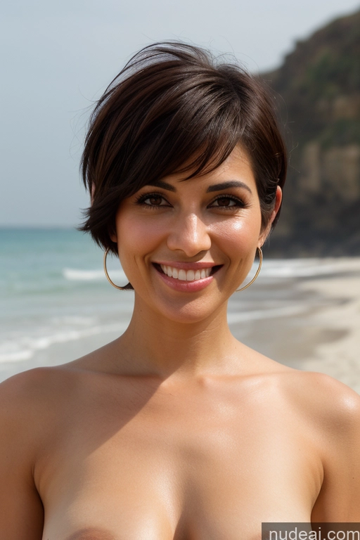 ai nude image of arafed woman with big breast standing on the beach smiling pics of Model One Small Tits Small Ass Pubic Hair Short Hair Fairer Skin Dark Skin 30s 40s Happy Brunette Black Hair Straight Bobcut Ponytail Indian Middle Eastern Arabic Beach Nude