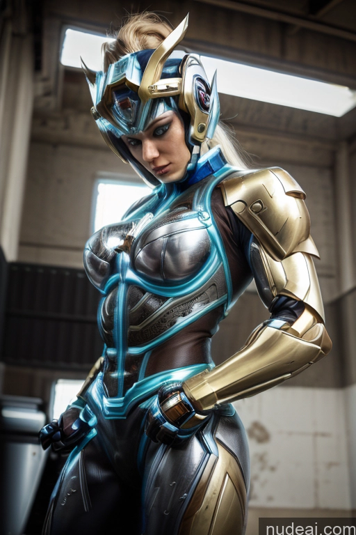 ai nude image of araffed woman in a shiny suit with a sword and armor pics of Superhero Captain Marvel SuperMecha: A-Mecha Musume A素体机娘 Woman Busty Abs Front View Bodybuilder Blonde Muscular Has Wings Neon Lights Clothes: Blue