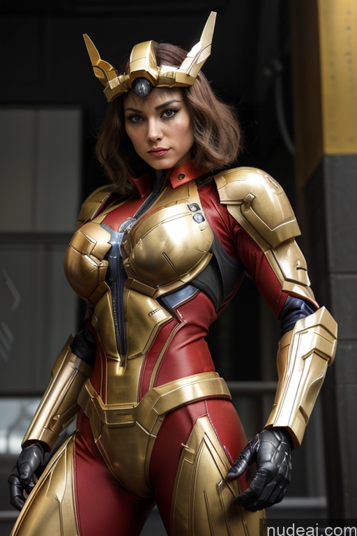 ai nude image of araffe woman in a gold and red costume posing for a picture pics of Superhero Captain Marvel SuperMecha: A-Mecha Musume A素体机娘 Woman Busty Abs Front View Bodybuilder Muscular Has Wings