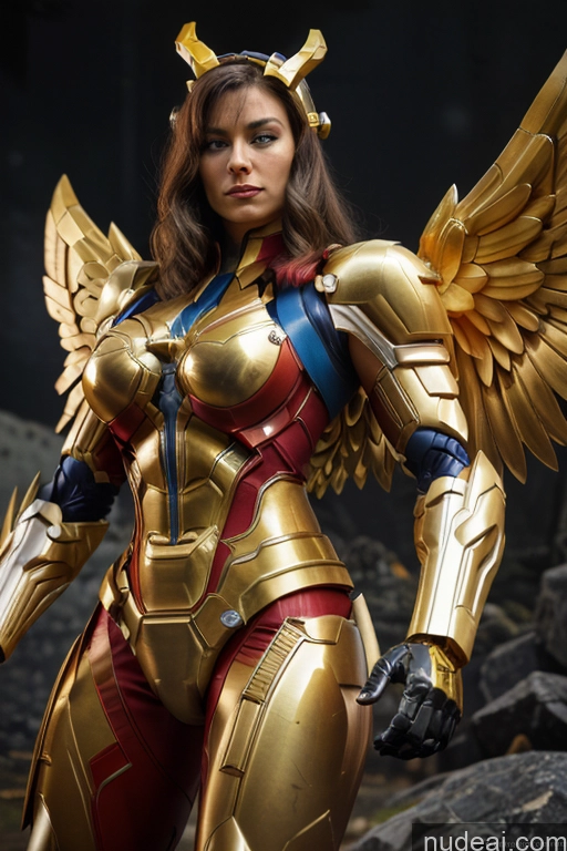 ai nude image of araffe woman in a gold costume with wings and a helmet pics of Superhero Captain Marvel SuperMecha: A-Mecha Musume A素体机娘 Woman Busty Abs Front View Bodybuilder Muscular Has Wings Angel