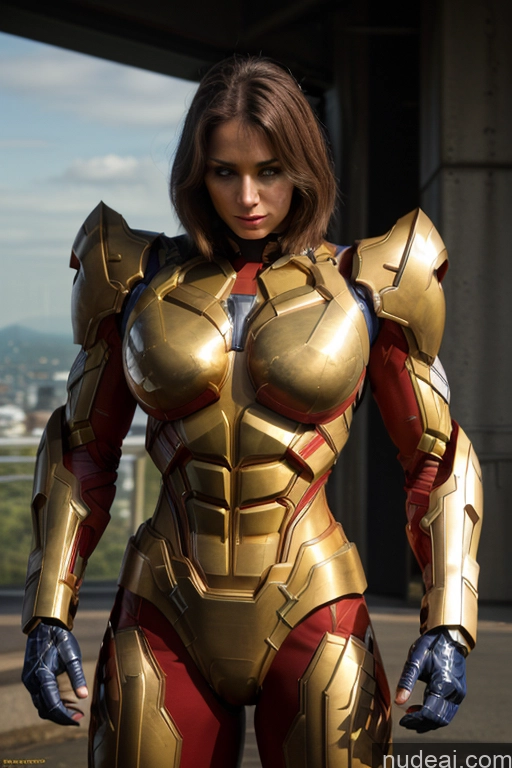 ai nude image of araffe woman in a gold and red suit posing for a picture pics of Superhero Captain Marvel SuperMecha: A-Mecha Musume A素体机娘 Woman Busty Abs Front View Bodybuilder Muscular Has Wings Angel Blonde