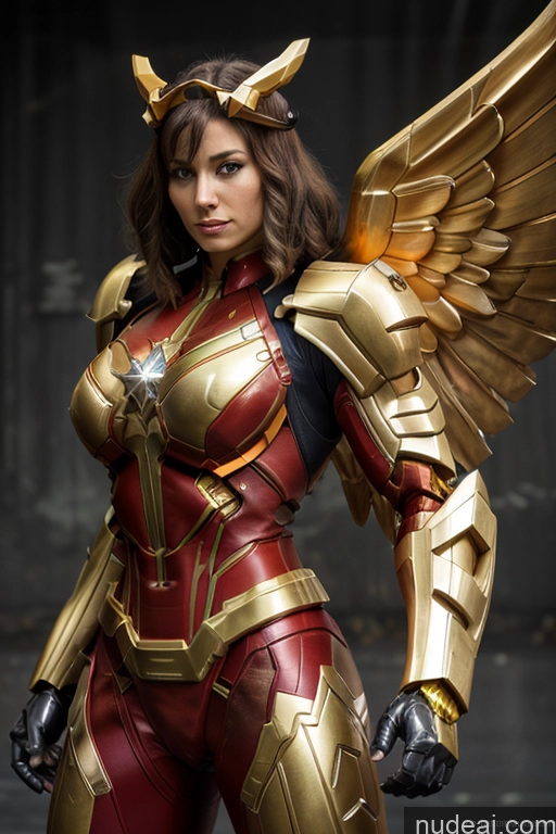 ai nude image of araffe woman in a gold and red costume with wings pics of Superhero Captain Marvel SuperMecha: A-Mecha Musume A素体机娘 Woman Busty Abs Front View Bodybuilder Muscular Has Wings Angel