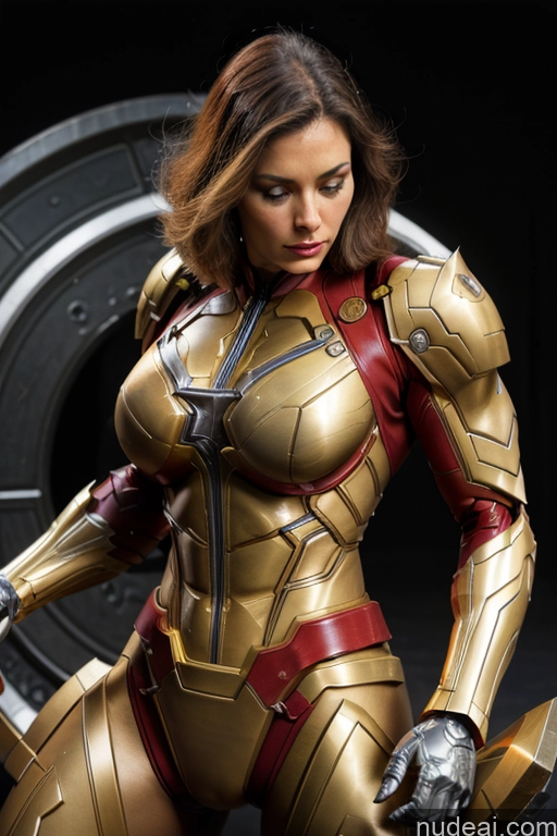 ai nude image of a close up of a woman in a gold suit holding a sword pics of Superhero Captain Marvel SuperMecha: A-Mecha Musume A素体机娘 Woman Busty Abs Front View Bodybuilder Muscular Has Wings Angel