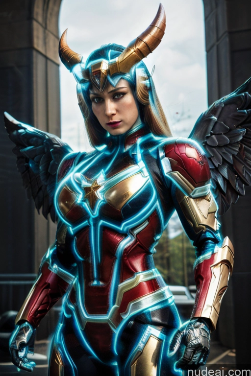 related ai porn images free for Superhero Captain Marvel SuperMecha: A-Mecha Musume A素体机娘 Woman Busty Abs Front View Bodybuilder Muscular Has Wings Angel Succubus Neon Lights Clothes: Blue