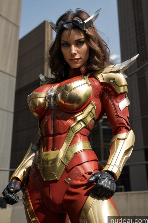 ai nude image of araffe woman in a red and gold costume posing for a picture pics of Superhero Captain Marvel SuperMecha: A-Mecha Musume A素体机娘 Woman Busty Abs Front View Bodybuilder Muscular Has Wings Angel