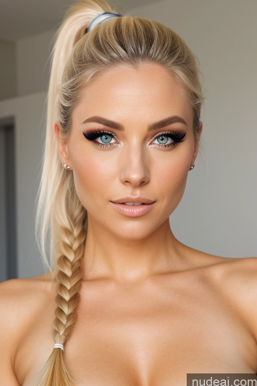 ai nude image of blond woman with a fishtail braid and blue eyes posing for a picture pics of Blonde Ponytail White Front View Nude