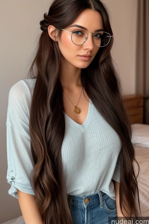 ai nude image of arafed woman with glasses and a blue shirt posing for a picture pics of 70s Glasses Long Hair Brunette 18 Sleeping Nude Diamond Jewelry Gold Jewelry Bedroom