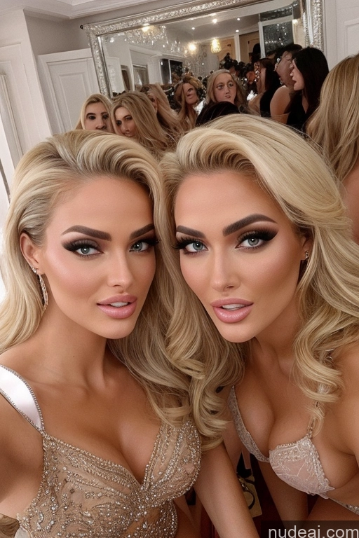 ai nude image of two women in dresses posing for a picture in a mirror pics of Miss Universe Model Huge Boobs 20s Two Several Party Mirror Selfie Shocked Close-up View Blonde