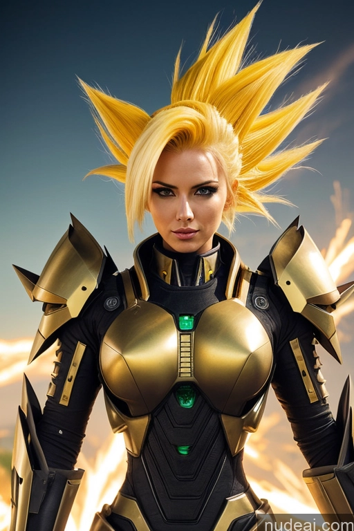 ai nude image of arafed woman in armor with a golden hair and a green eye pics of Super Saiyan Mech Suit Fantasy Armor Sci-fi Armor