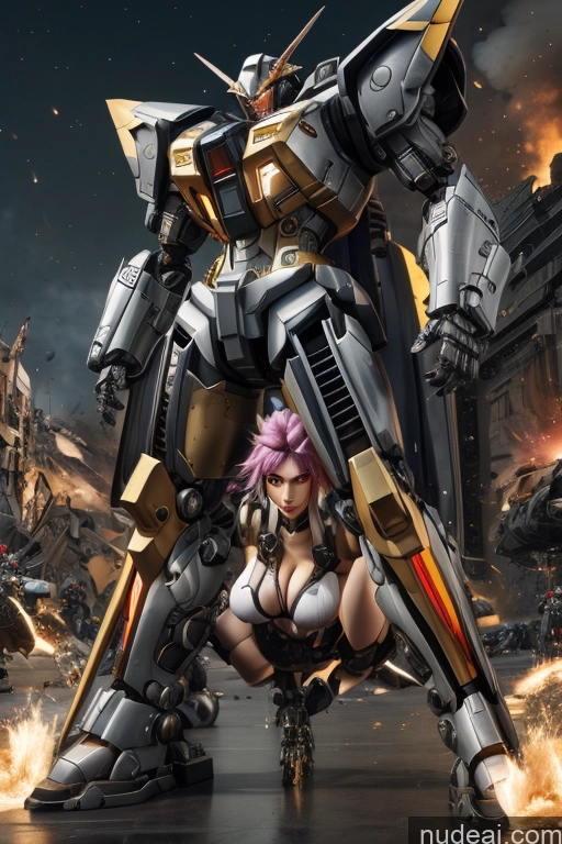 ai nude image of anime girl posing in front of a giant robot pics of SuperMecha: A-Mecha Musume A素体机娘 Gold Jewelry Rainbow Haired Girl Battlefield Two Several