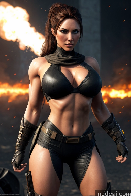 ai nude image of arafed woman in a leather outfit with a gun in front of a fire pics of Superhero Busty Muscular Front View Science Fiction Style Cosplay Spandex Battlefield