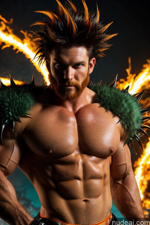 ai nude image of arafed man with a beard and spiked mohawk standing in front of a fire pics of Bodybuilder Super Saiyan 4 Super Saiyan Glowing, Skull, Armor, Spikes, Teeth, Monster, Dirty, Tentacles, Pus, Pimples, Crack, Truenurgle