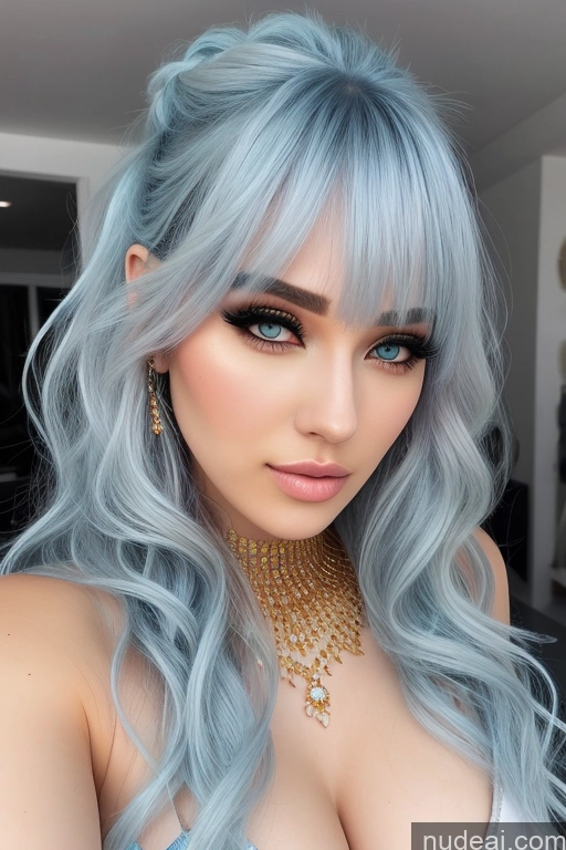 ai nude image of a woman with blue hair and a necklace is posing for a picture pics of Diamond Jewelry Gold Jewelry Pearl Jewelry Elemental Series - Ice Snow Rainbow Haired Girl Bangs Wavy Hair