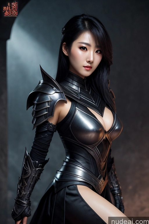 ai nude image of arafed woman in a black leather outfit posing for a picture pics of Korean Dark Lighting Fantasy Armor