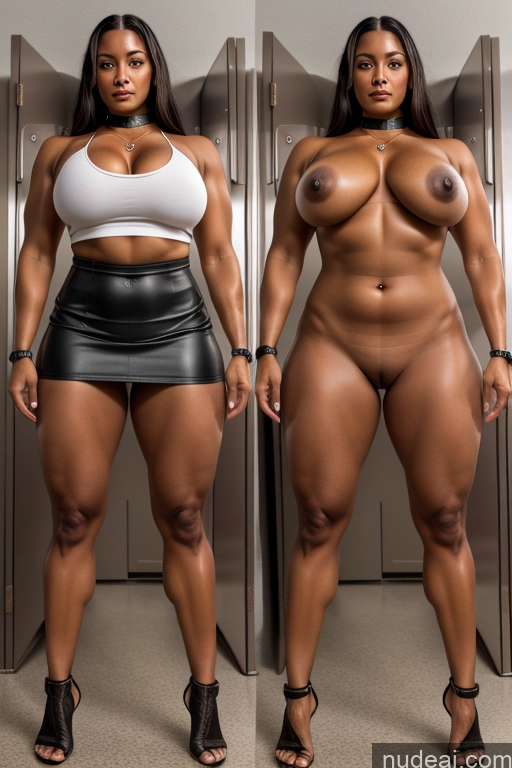 ai nude image of two women in leather skirts posing for a picture in a locker pics of Milf One Perfect Body 20s Cyberpunk Gold Jewelry Black Dark Skin Pubic Hair Beautiful Busty Mirror Selfie Locker Room Close-up View Choker Micro Skirt Onoff Big Ass Short