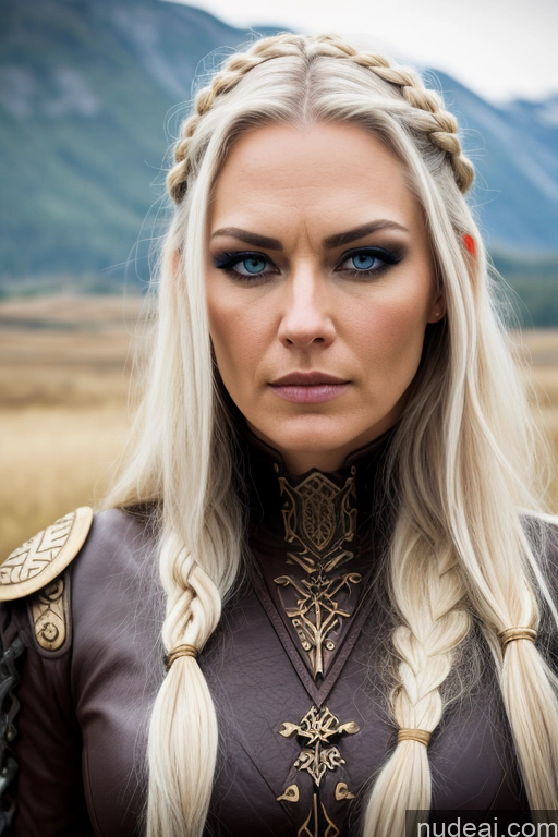 ai nude image of blond woman with braids and blue eyes in a field pics of Detailed Dark Lighting Gold Jewelry Viking Traditional Steampunk Medieval Leather Fantasy Armor Serious Angry Blonde White Hair Braided Scandinavian German Dark_Fantasy_Style Dark Fantasy Film Photo Meadow Mountains