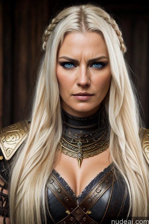 ai nude image of blond woman with blue eyes and a leather outfit posing for a picture pics of Detailed Dark Lighting Gold Jewelry Viking Traditional Steampunk Medieval Leather Fantasy Armor Serious Angry Blonde White Hair Braided Scandinavian German Dark_Fantasy_Style Dark Fantasy Film Photo Meadow Mountains Straddling