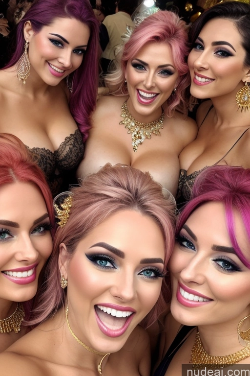 ai nude image of several women with pink hair and gold jewelry posing for a picture pics of Several Happy Straddling Gold Jewelry Diamond Jewelry Busty Rainbow Haired Girl