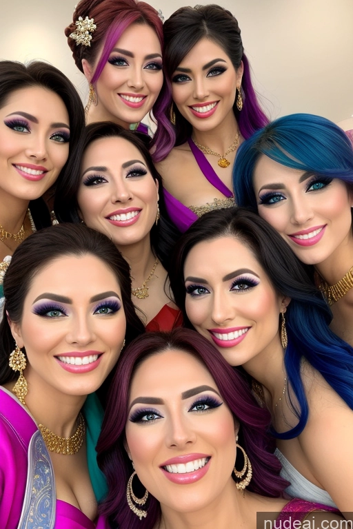 ai nude image of arafed group of women posing for a picture in a group photo pics of Several Happy Straddling Busty Rainbow Haired Girl Gold Jewelry Diamond Jewelry Transparent Geisha