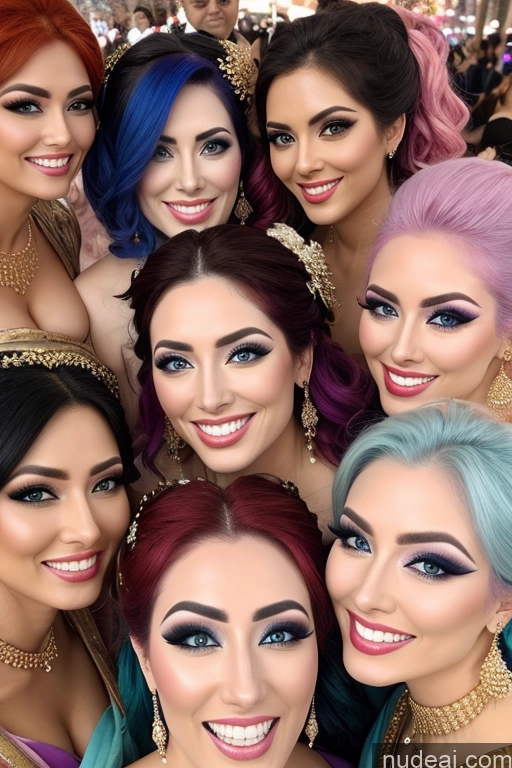 ai nude image of arafed group of women with colorful hair posing for a picture pics of Several Happy Busty Rainbow Haired Girl Gold Jewelry Diamond Jewelry Transparent Geisha