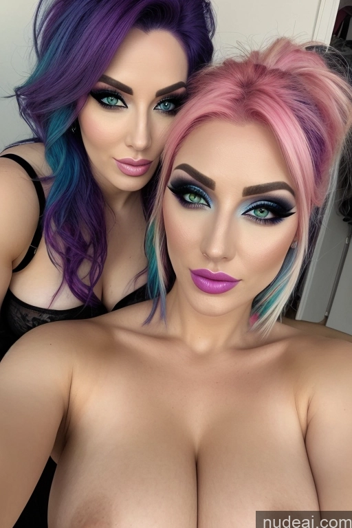 ai nude image of two women with colorful hair and blue eyes posing for a picture pics of Several Busty Rainbow Haired Girl