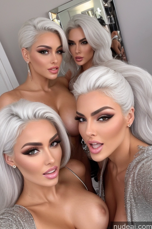 ai nude image of three women with white hair posing for a picture in a mirror pics of Miss Universe Model Huge Boobs 20s Two Several Party Mirror Selfie Shocked Close-up View White Hair